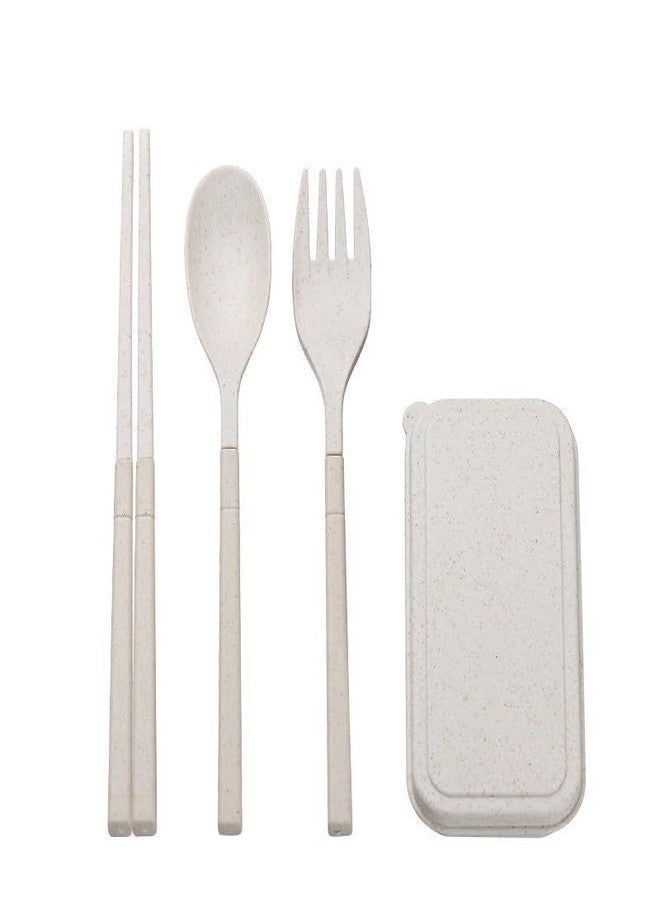 SunShades 3 pc Set Reusable Folding Wheat Straw Cutlery Fork Spoon Chopsticks Set with Box Multi Color (White)